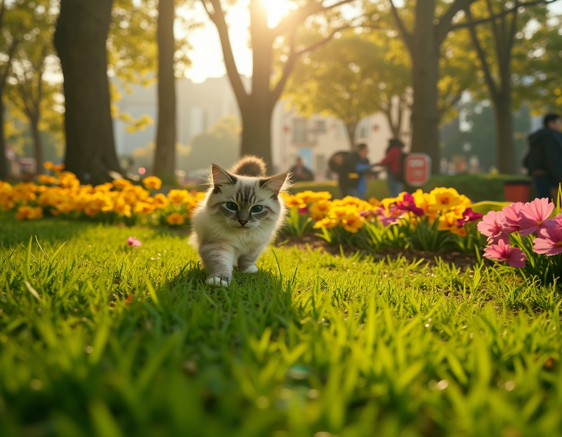 Cat enjoys a lively city park, playing and exploring the greenery amidst the urban backdrop.